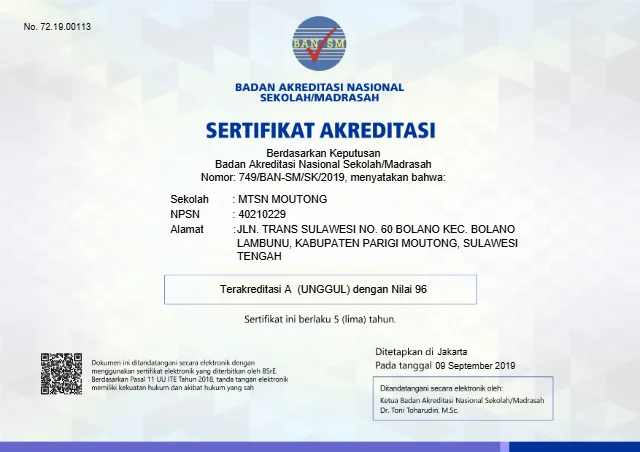 Sertifikat Akreditasi A Tahun 2019 749/BAN-SM/SK/2019