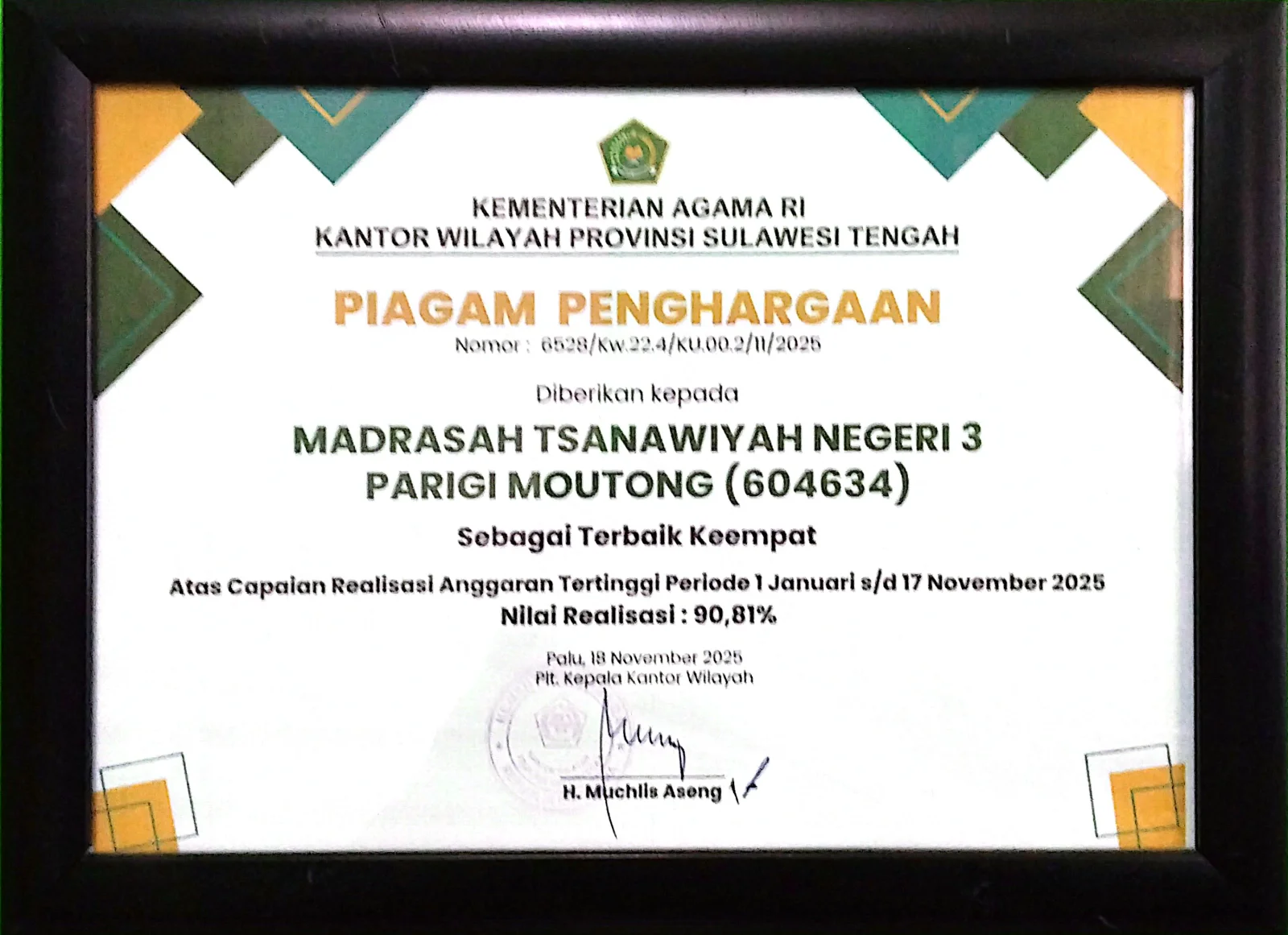 Piagam Penghargaan Terbaik ke IV atas Capaian Realisasi Anggaran Tertinggi periode 1 Januari sampai 